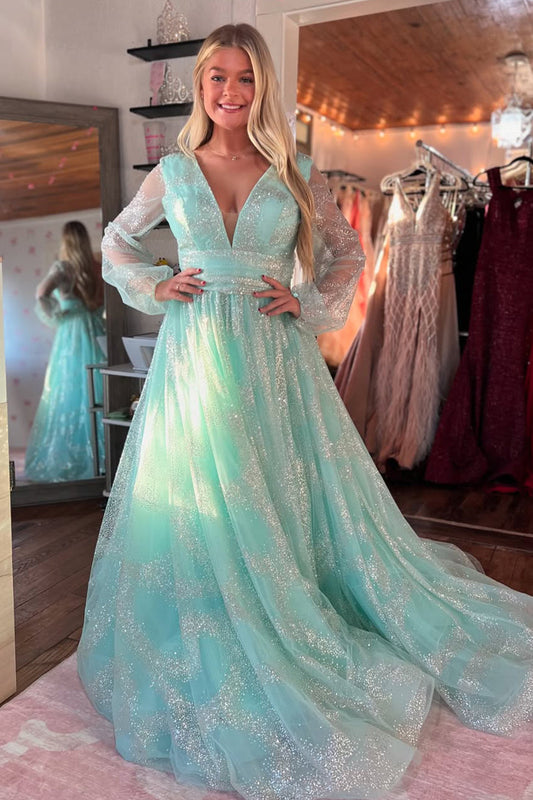 Sandy | Dusty Sage Plunging V Neck Illusion Sleeves Beaded Long Prom Dress