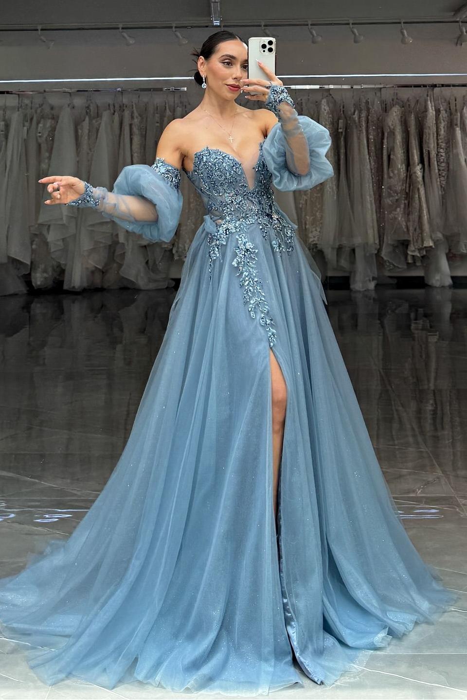 edgynewlook Charming Dusty Blue Tulle Strapless Long Sleeves Applique Prom Dress with Split