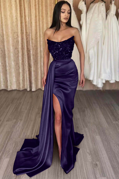 Red Strapless Elegant Long Prom Dress Sequins Mermaid Split ED0102