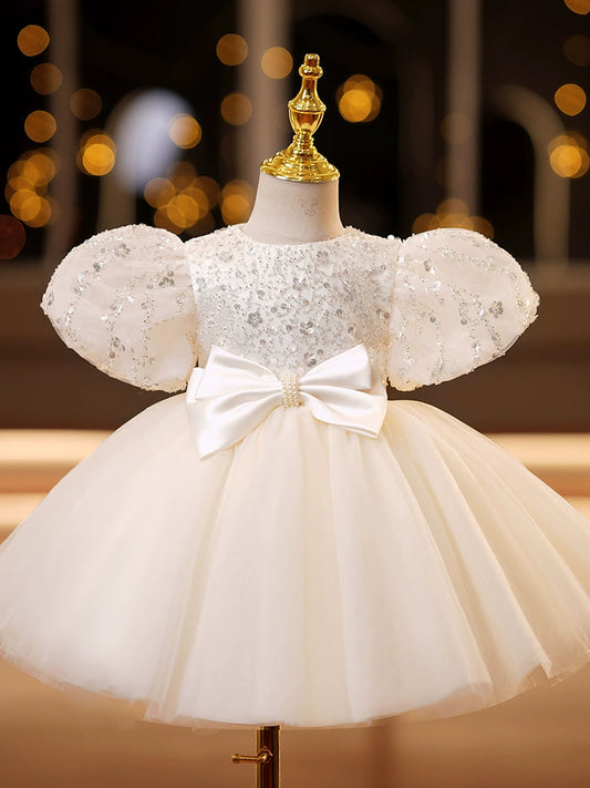 A-Line/Princess Short Sleeves Knee-Length Baby Girl Dresses with Bow