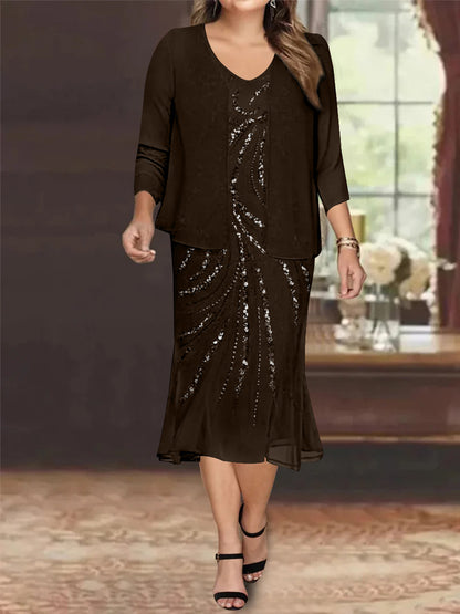 Chiffon 2 Pieces V-Neck Knee-Length Plus Size Mother of the Bride Dresses with Jacket & Sequins