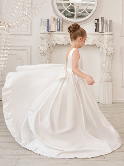 A-Line Princess Sleeveless Satin Flower Girl Dress with Sweep Train and Bow