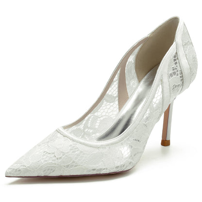 Women's Wedding Shoes Silk Satin Stiletto Pointed Toe Lace Bridal Shoes