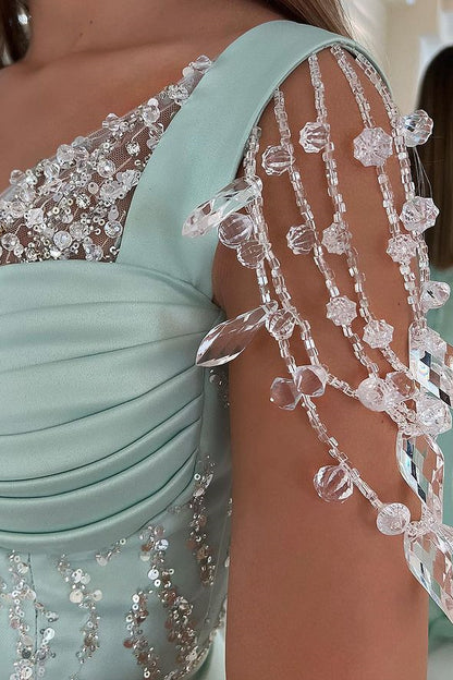 Amazing Mint Green Cap Sleeves Prom Dress Long Front Slit WIth Buttons Beads