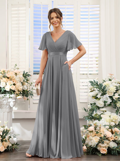 A-Line/Princess V-Neck Short Sleeves Chiffon Bridesmaid Dresses with Pockets