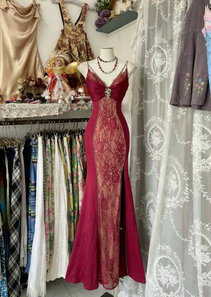 Red retro sexy mermaid spaghetti straps exquisite lace long prom dress evening dress party dress gh3177