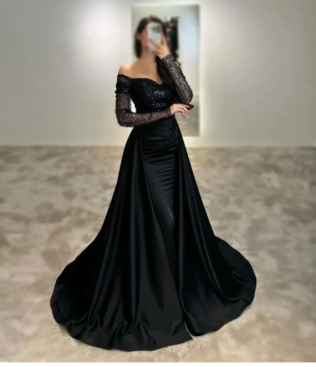 Dark Navy Off-The-Shoulder Sequins Long Sleeves Prom Dress ZT0516