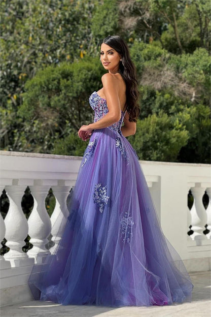 edgynewlook Glamorous Purple Tulle Strapless Sleeveless Beadings Split Prom Dress with Applique