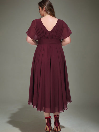 A-Line/Princess Scoop Short Sleeves Asymmetrical Plus Size Bridesmaid Dresses with Ruffles