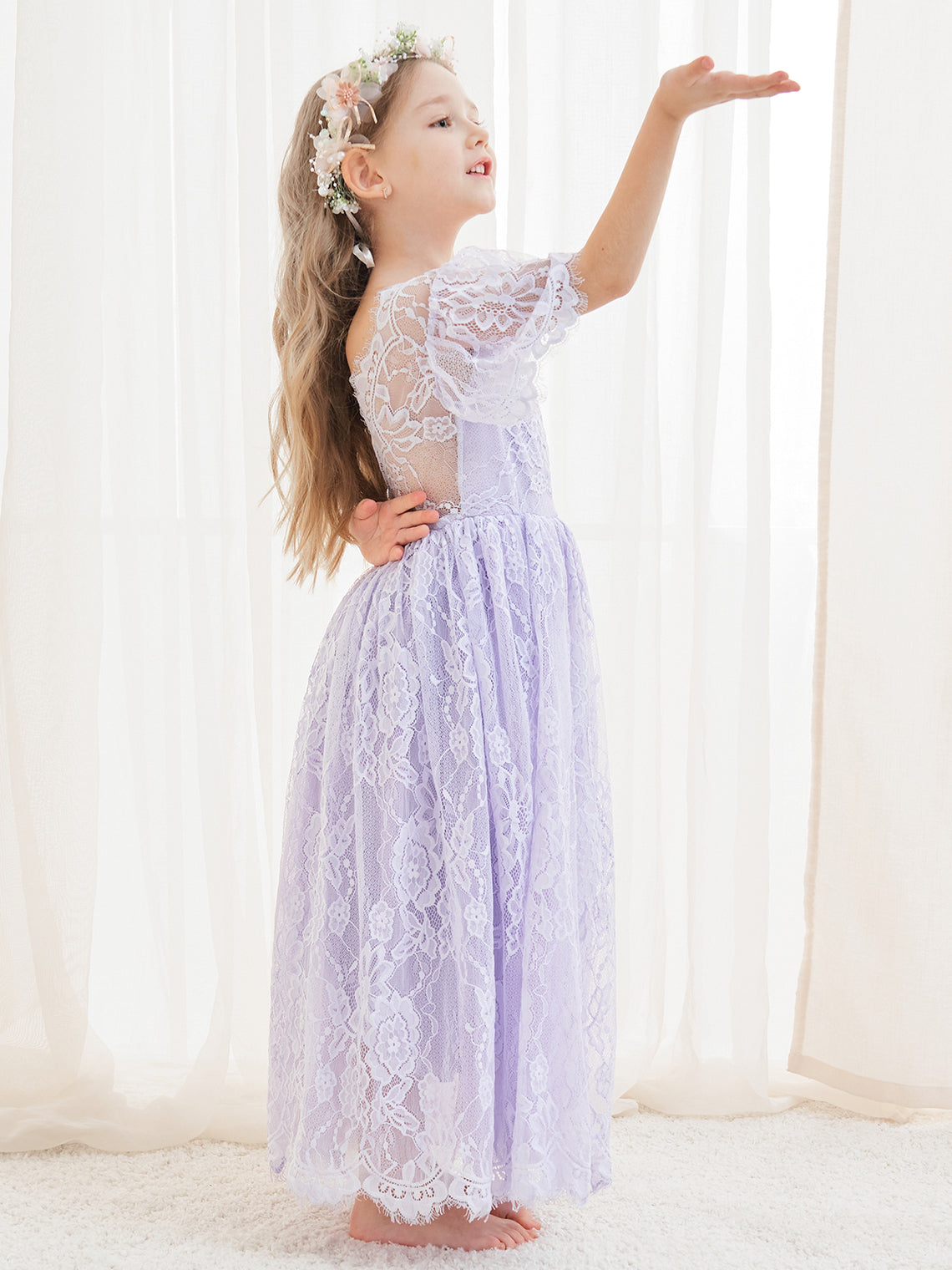 A-line Lace Ankle-length Ivory Boho Flower Girl Dress