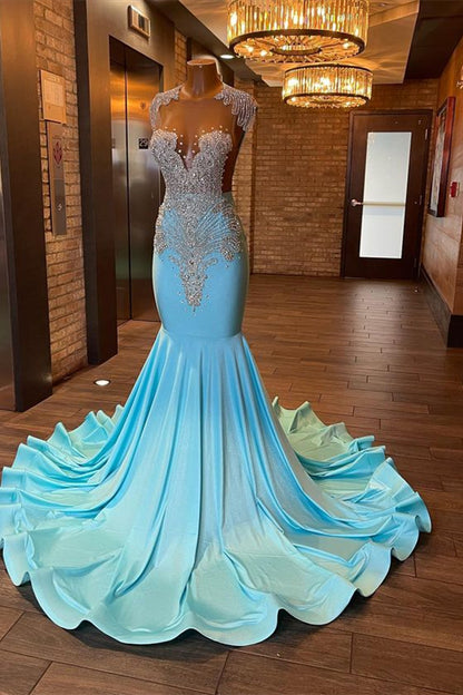 edgynewlook Sleeveless Blue Popular Mermaid Prom Dress Appliques With Beads