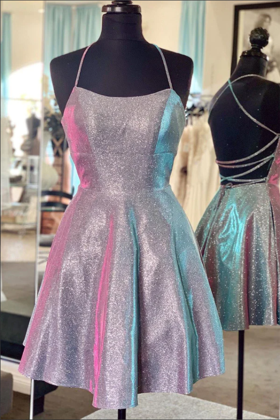 Cute Sparkly Gray A-line Spaghetti Straps Homecoming Dress, Cocktail Dresses gh846