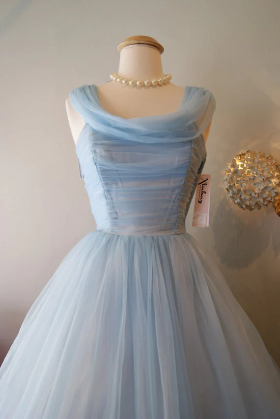 Blue vintage fashion long tulle elegant homecoming dress prom dress evening dress party dress bridesmaid dress gh800