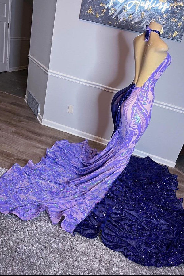 edgynewlook Purple Halter Beaded Sequins Mermaid Prom Dress With Appliques