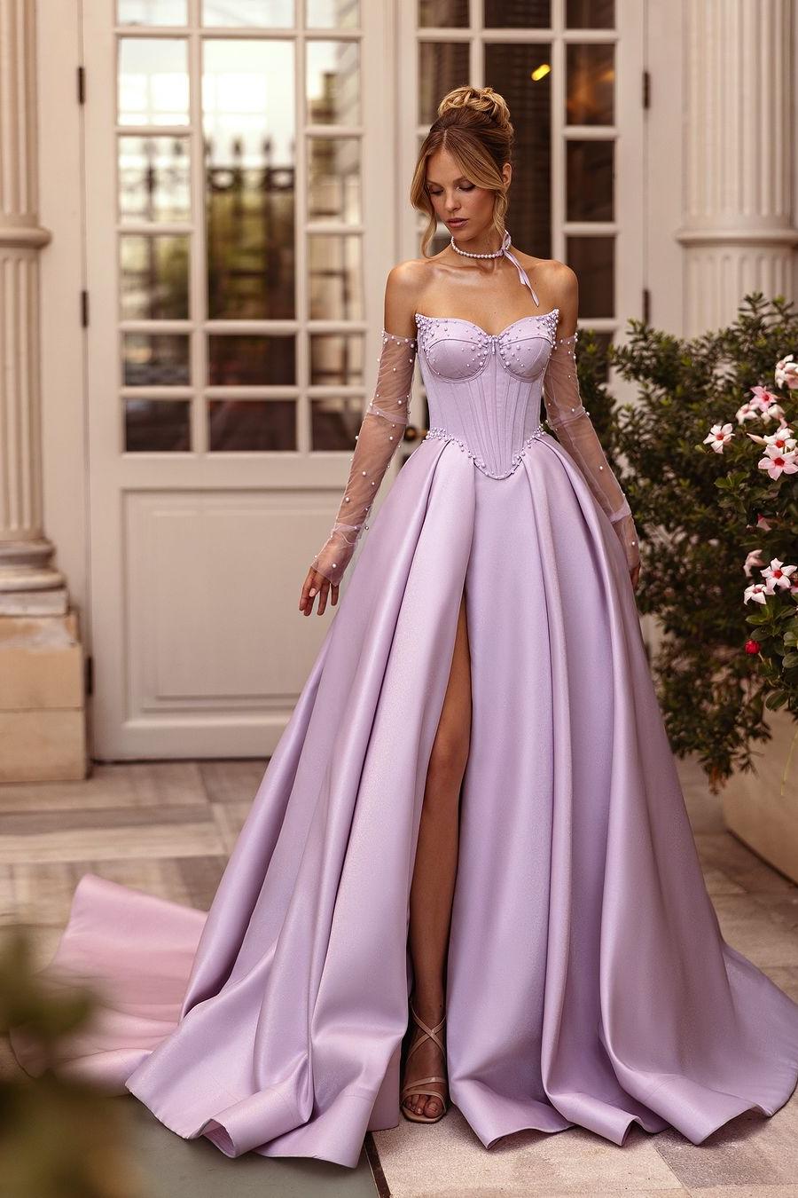 edgynewlook Beautiful Lilac Satin Sleeveless Strapless Beadings Long Split Prom Dress with Gloves