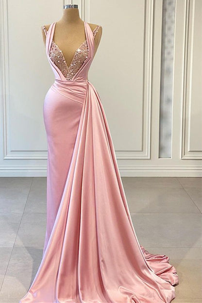 Elegant Pink Halter Slim Prom Dress Shining V Neck Mermaid Dress ED0761