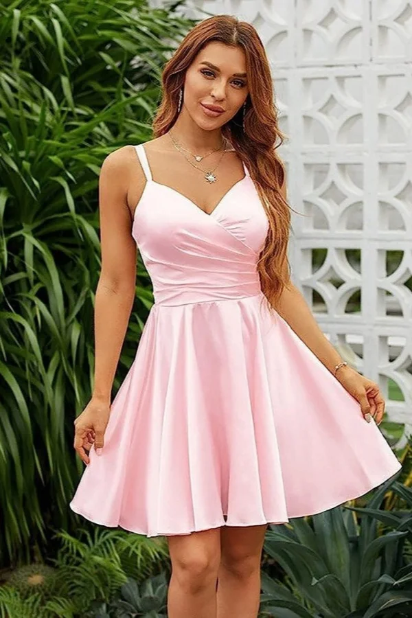 Fashion Pink Spaghetti Strap Homecoming Dress V Neck Prom Dress YZTS072