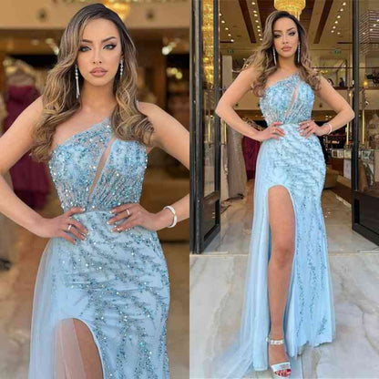 edgynewlook Baby Blue One-Shoulder Mermaid Prom Dress With Split Sequins