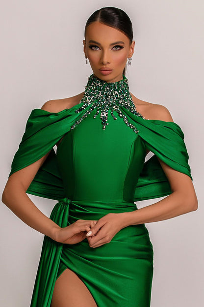 Prom Dress Sage Green With Pleated Halter Split Rhinstone ED0608