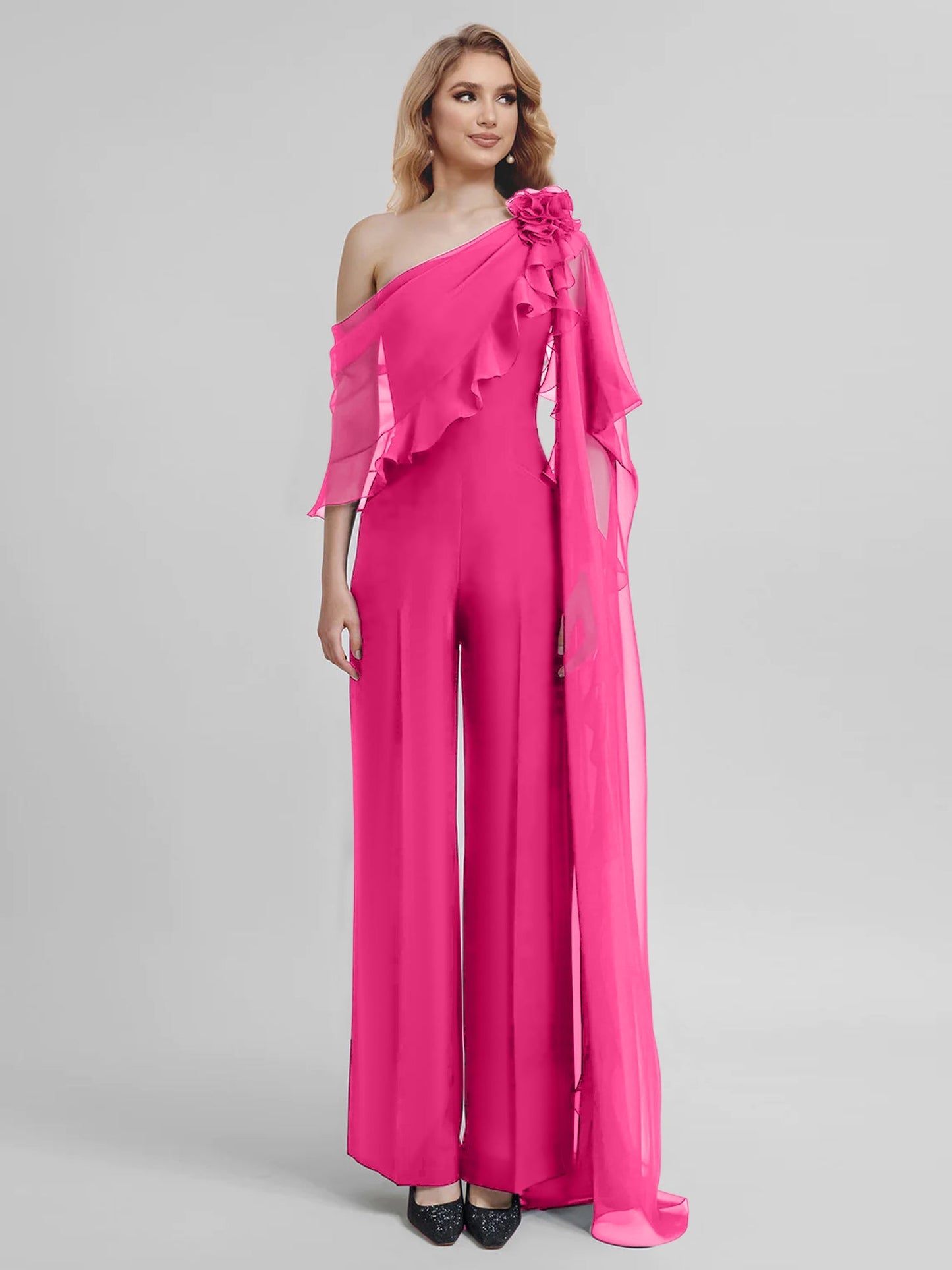 Jumpsuits One-Shoulder Half Sleeves Chiffon Mother Of The Bride Pantsuits