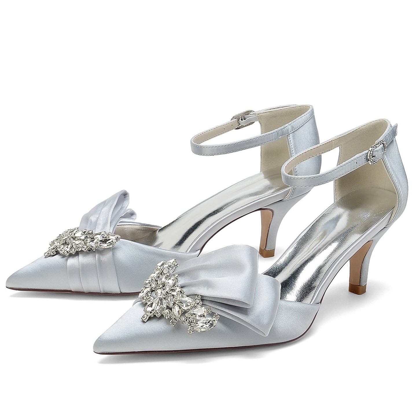 Women's Wedding Shoes Silk Satin Rhinestone Bow Mid Pointed Toe Buckle Bridal Shoes