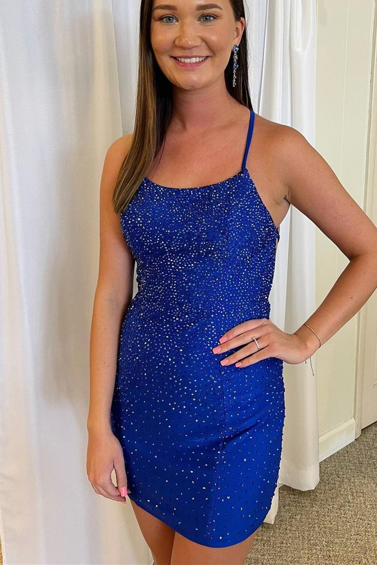 Royal Blue Beaded Mini Bodycon Party Dress  gh1205