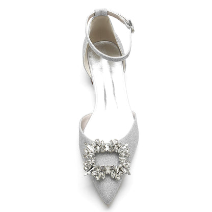 Women's Wedding Shoe Glitter Square Crystal Low Pointed Toe Buckle Bridal Shoes