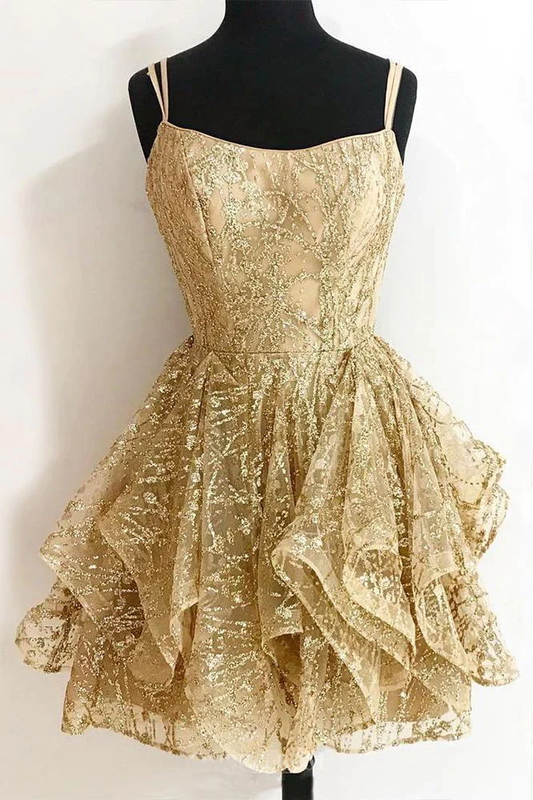 A-line Sequins Gold Homecoming Dress, Glitter Short Prom Dress gh821