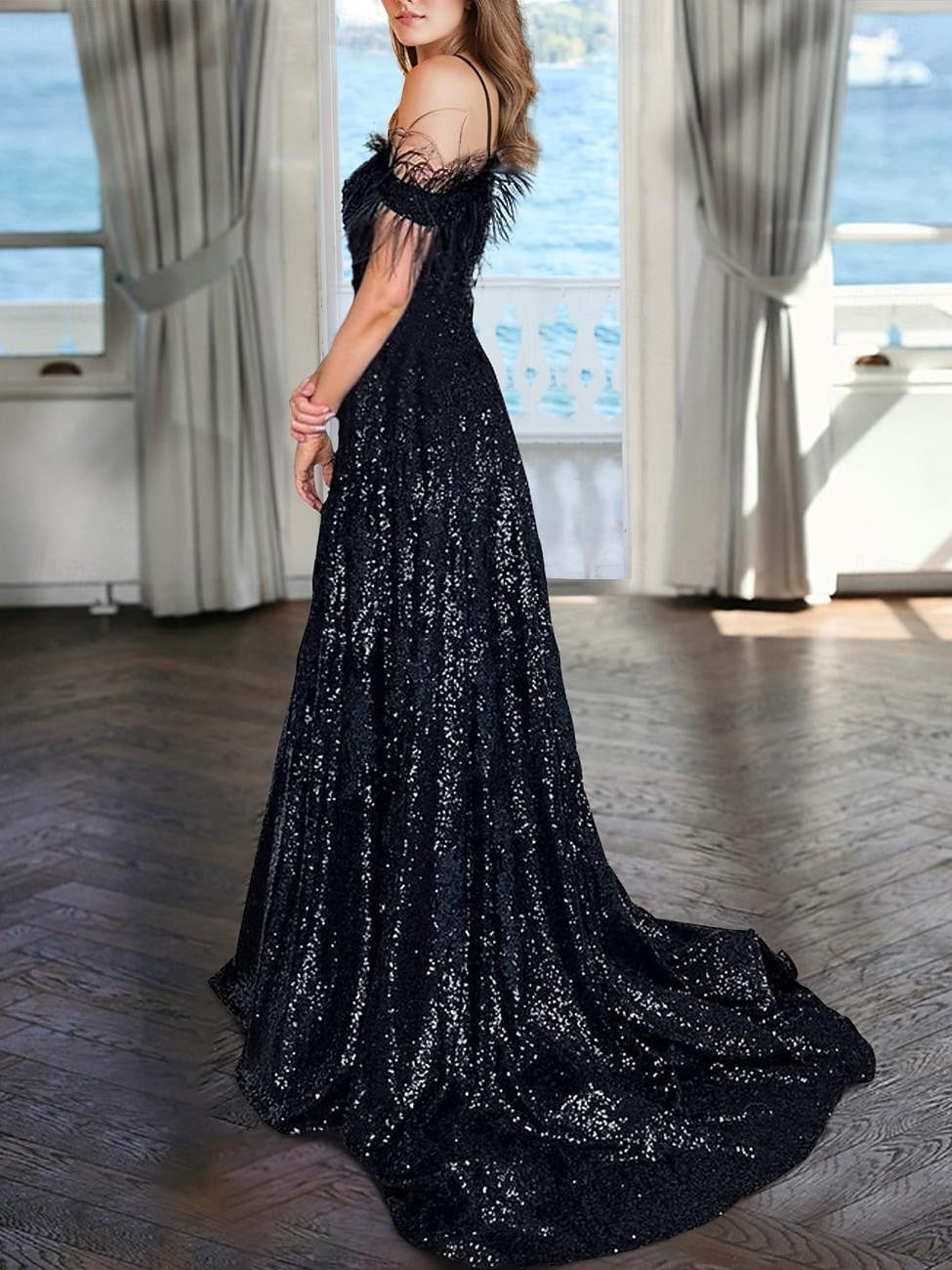 A-Line/Princess V-Neck Sleeveless Floor-length Sequined Evening Dresses with Pearls