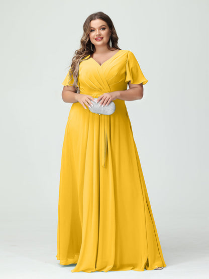 A-Line/Princess V-Neck Short Sleeves Plus Size Bridesmaid Dresses with Pockets Belt & Split Side