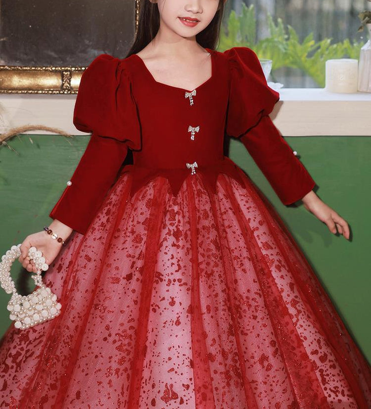 A-Line/Princess V-Neck Long Sleeves Floor Length Girl Red Party Dress