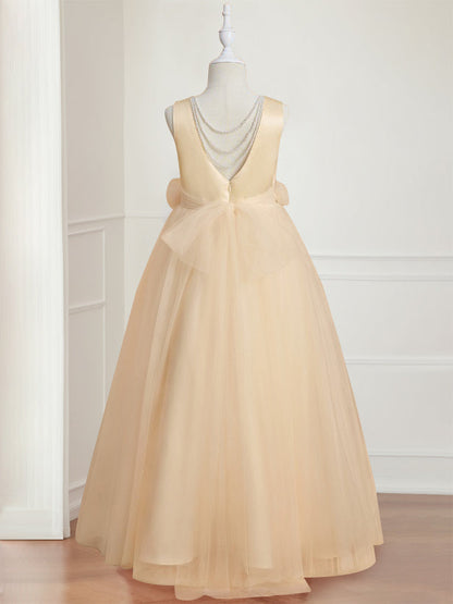 A-Line/Princess Round Neck Sleeveless Floor-Length Flower Girl Dress with 3D floral pattern