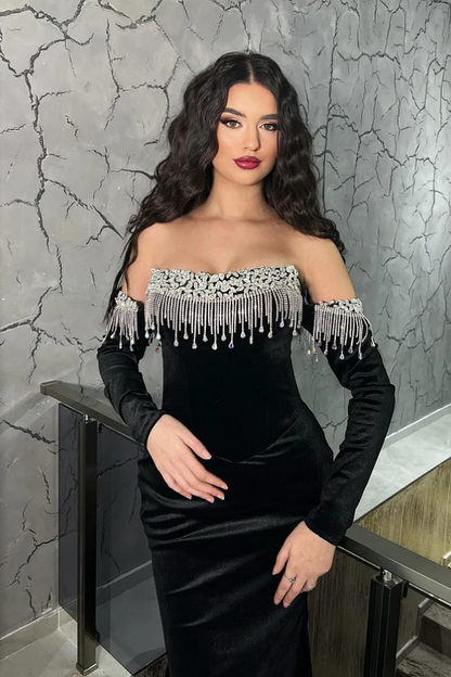 Black Velvet Strapless Long Rhinestones Prom Dress With Sleeves Tassels ZT0015