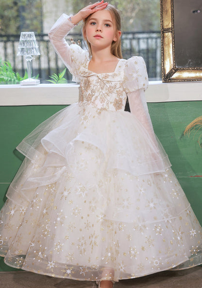 Square Neck Long Sleeves Ball Gown Layered Flower Girl Dresses with Appliques