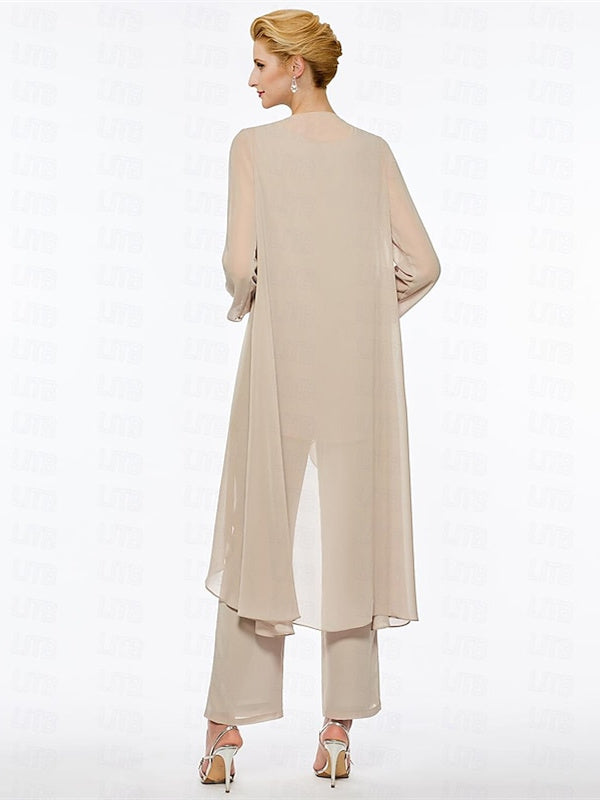 Chiffon Round Neck 3/4 Length Sleeves Ankle-Length Mother of the Bride Pantsuits with Jacket