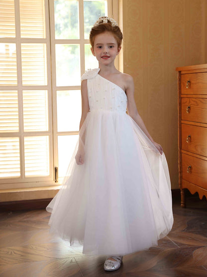 Ball-Gown Satin Tulle One-shoulder Sleeveless Ankle-Length Flower Girl Dresses With Bowknot