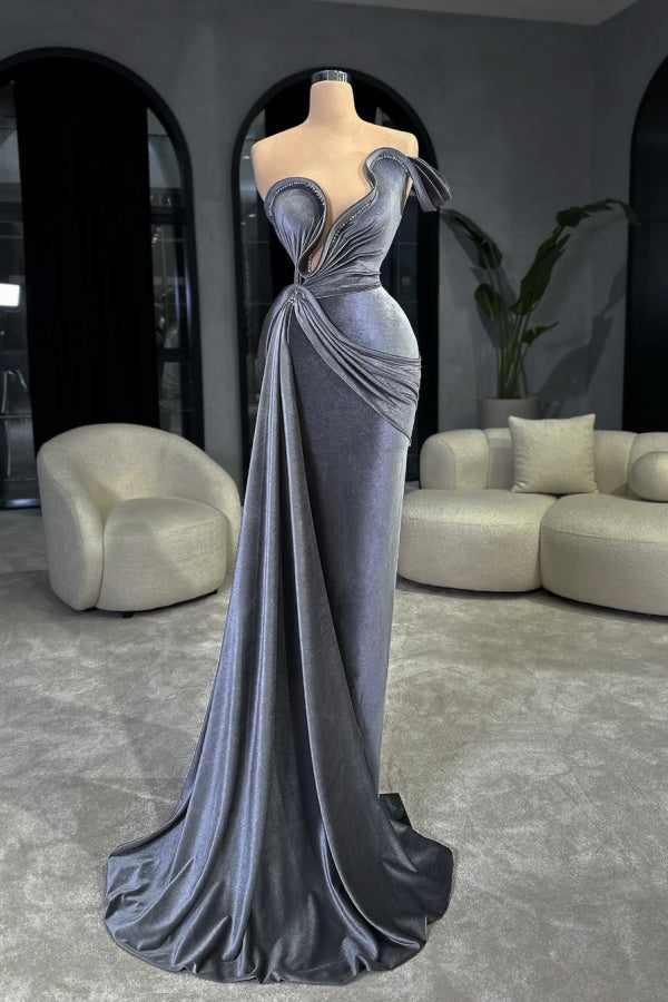 edgynewlook Dusty Blue One Shoulder Long Velvet Prom Dress Mermaid Sleeveless with Beads