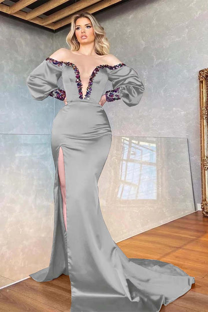 Purple V-Neck Mermaid Beadings Front Split Prom Dress Off-The-Shoulder With Long Sleeves ED0175