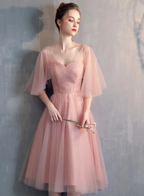 Lovely Tulle Pink A-Line Sweetheart Neckline Bridesmaid Dress, Pink Tulle Party Dress  gh51