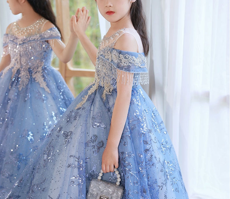 A-Line/Princess Off-the-Shoulder Flower Girl Party Dress with Rhinestone Appliques