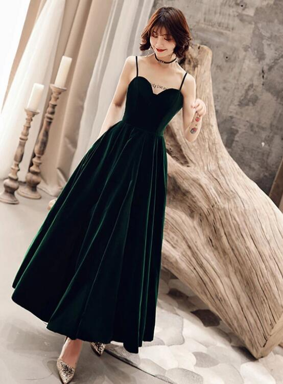 Dark Green V Back Long Velvet Elegant Party Dress, A-Line Straps Bridesmaid Dress  gh109