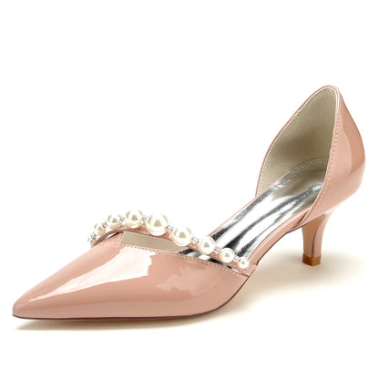 Women's Wedding Shoes Patent Leather Pearl Mid Pointed Toe Minimalism Bridal Shoes