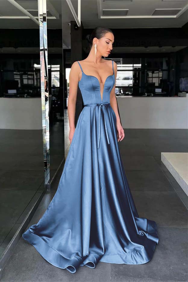 Spaghetti-Straps Long Prom Dress A Line With Belt ED0011