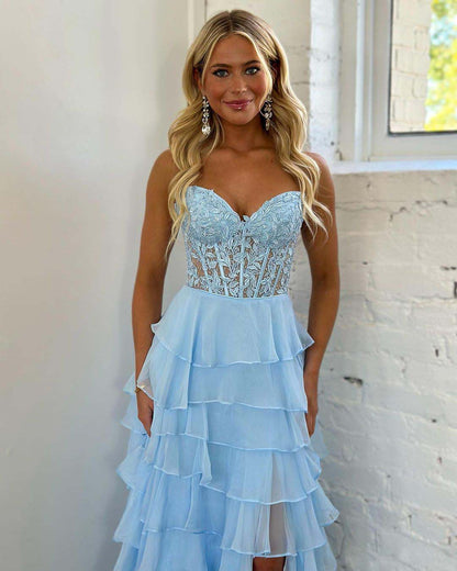 Sweetheart Lovely Split Chiffon Appliques Prom Dress ZT0156