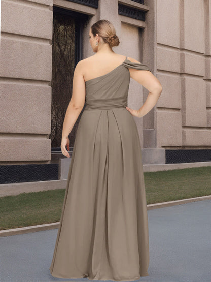 A Line/Princess Spaghetti Straps One-Shoulder Floor-Length Plus Size Bridesmaid Dresses with Ruffles