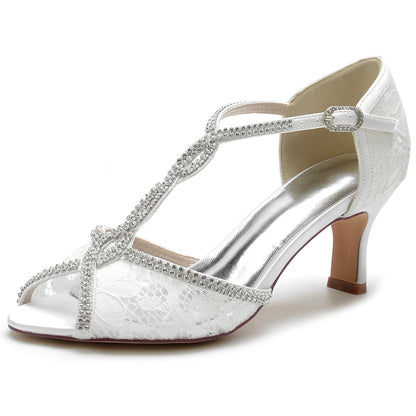 Women's Wedding Shoes Lacework Mini Crystal Strappy Mid Peep Toe Buckle Bridal Shoes