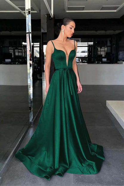 Spaghetti-Straps Long Prom Dress A Line With Belt ED0011