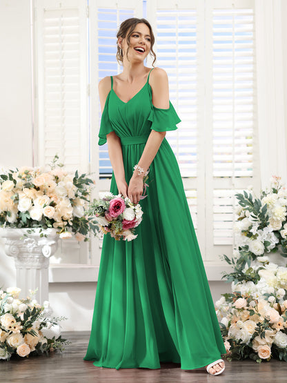 A-Line/Princess Spaghetti Straps Floor-Length Chiffon Bridesmaid Dresses with Split Side & Ruched