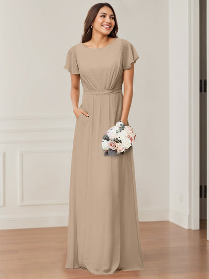 A Line/Princess Scoop Neck Short Sleeves Floor-Length Bridesmaid Dresses with Pocket & Ruffles