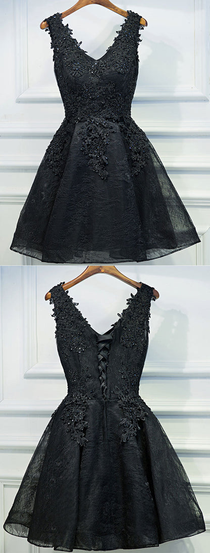 Cute black v neck lace short prom dress,homecoming dresses  7680